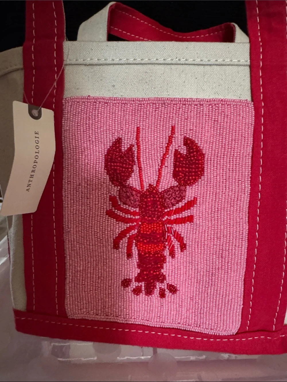 Anthropologie Pink & Red beaded Lobster Canvas Tote Bag